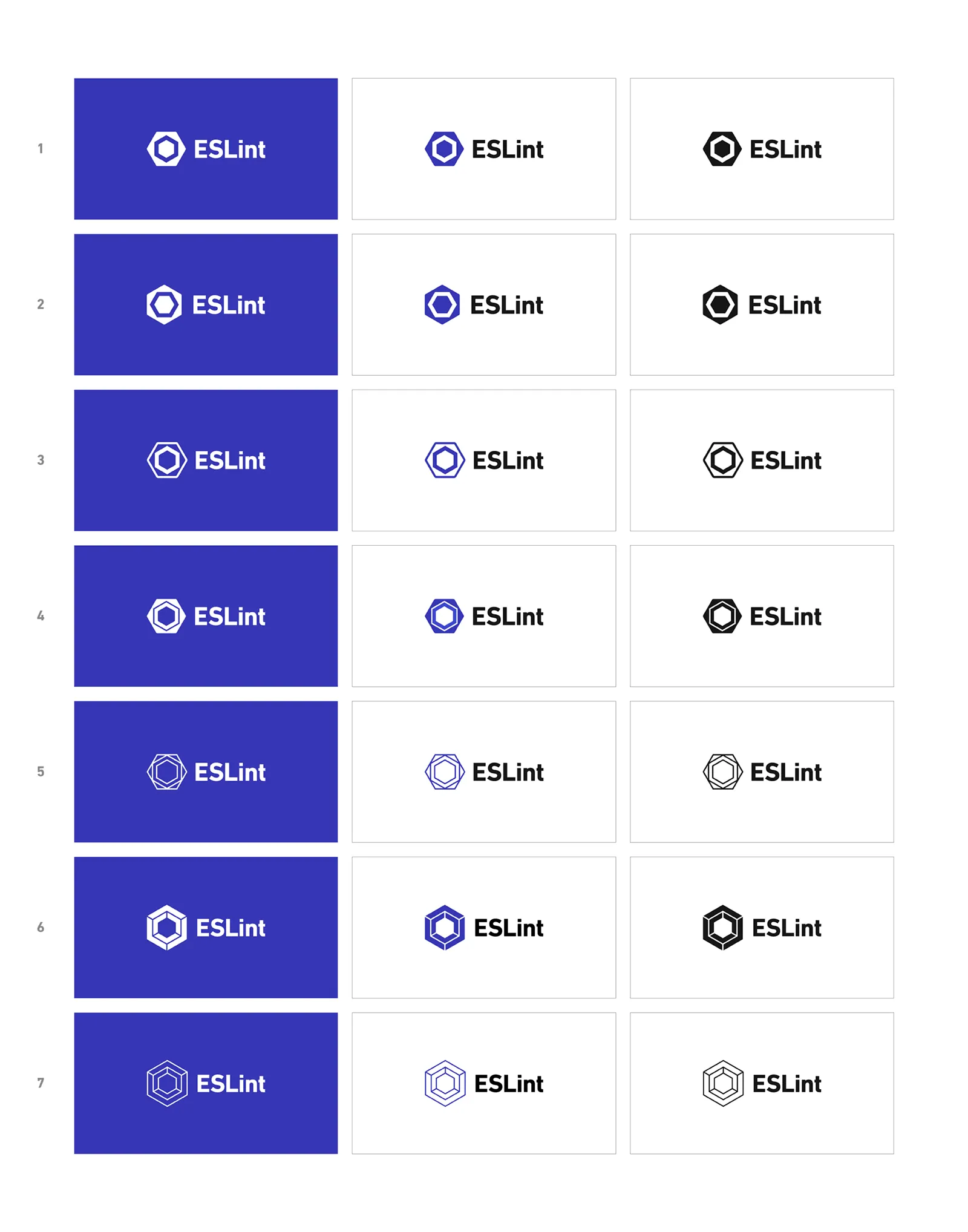 Seven ESLint logo proposals, each shown in purple, monochrome, and reversed color variants. The first proposal is closest to the final logo.