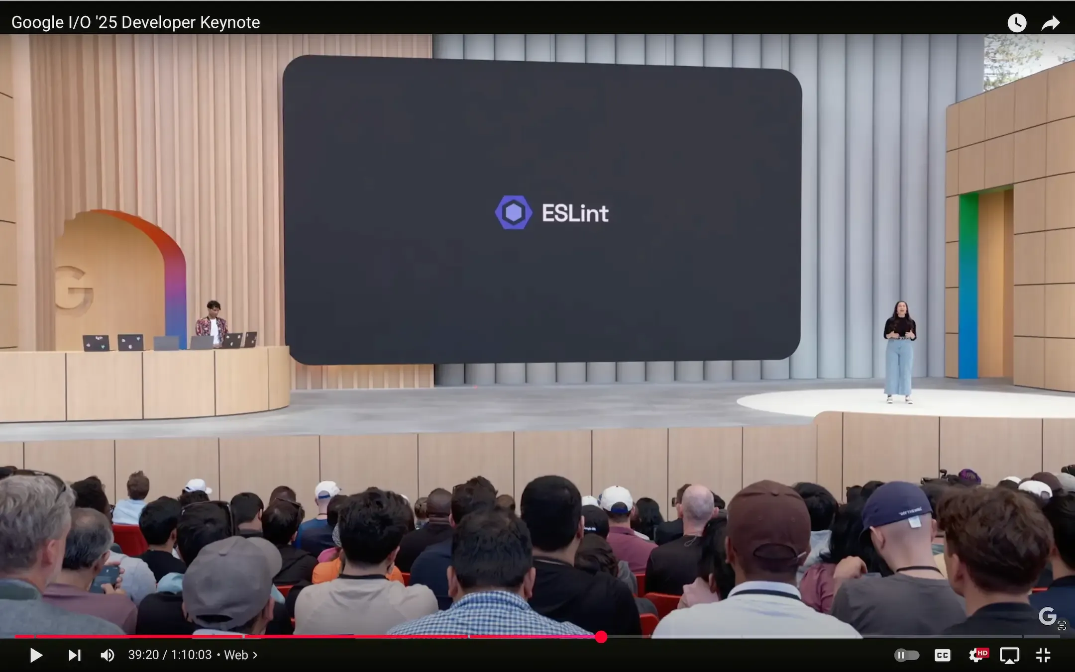 Google I/O 2025 stage screenshot with a slide showing the ESLint logo among JavaScript tooling logos