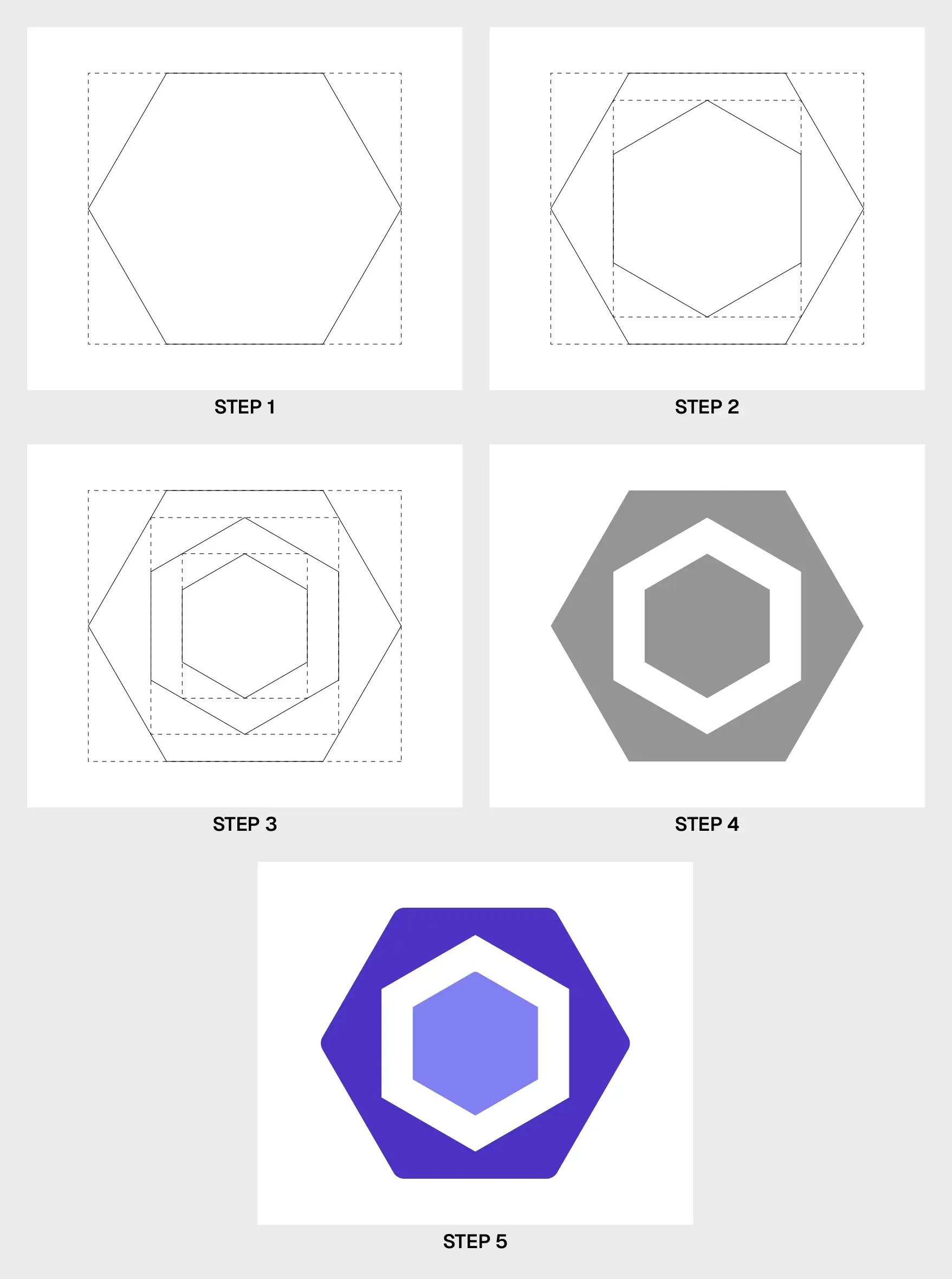 Five-step construction diagram showing the ESLint logo built from rotated hexagons and rectangles